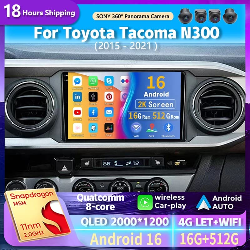 Android 15 wifi + 4G Carplay Autoradio For Toyota Tacoma N300 2015 - 2021 GPS Navigation Video Stereo Multimedia DSP DVD BT