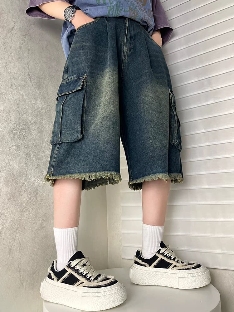 American Retro Men's Denim orts Seven-Foot Straight-Leg Loose Fit Workwear Summer Design Sense Waed Cuffed Jeans