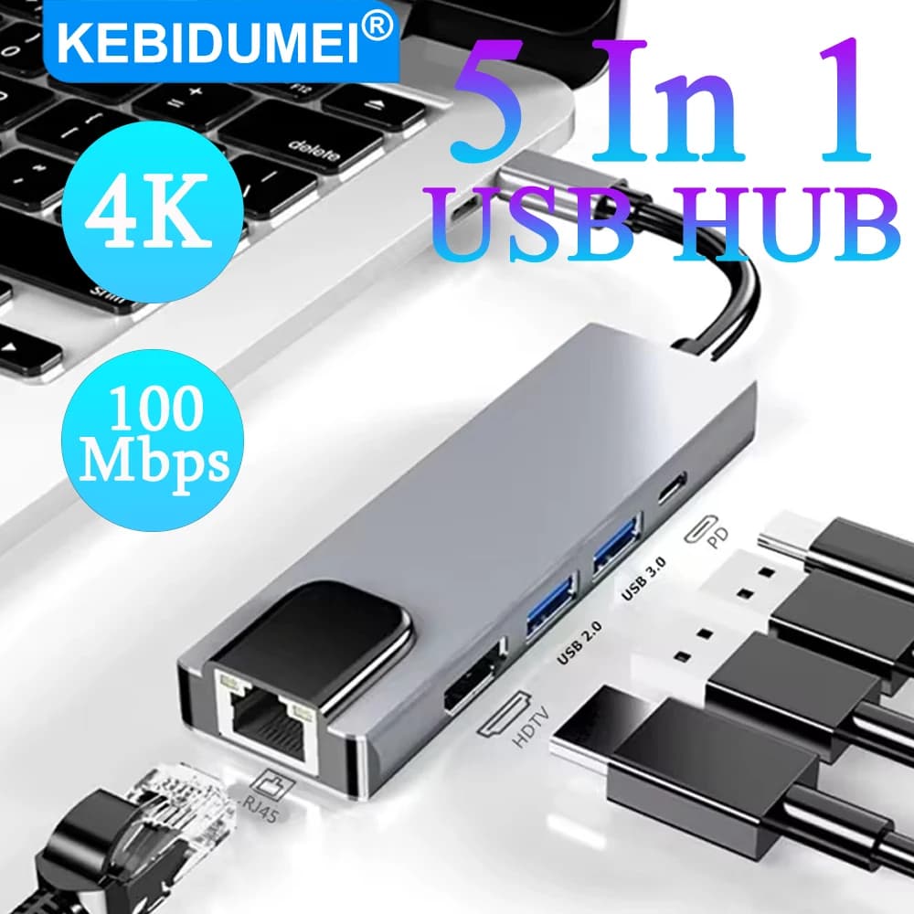 KEBIDUMEI USB 3.0 HUB 5 in 1 Adattatore HDTV 4K da USB C a HDMI Docking Station con caricatore LAN Ethernet RJ45 per notebook