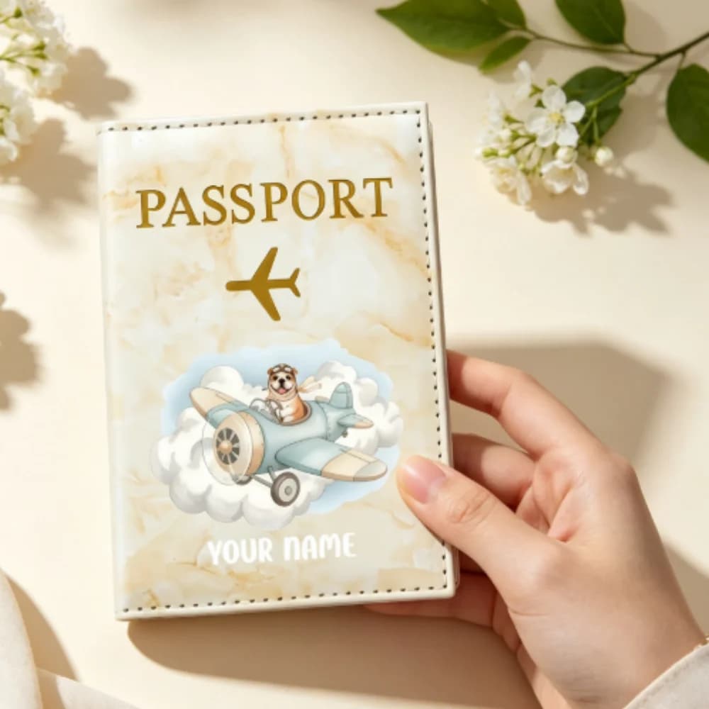 Personalized Cloud& Airplane Illustration Passport Holder,Custom Name Cartoon Bear Piloting Propeller Plane Travel Document Case