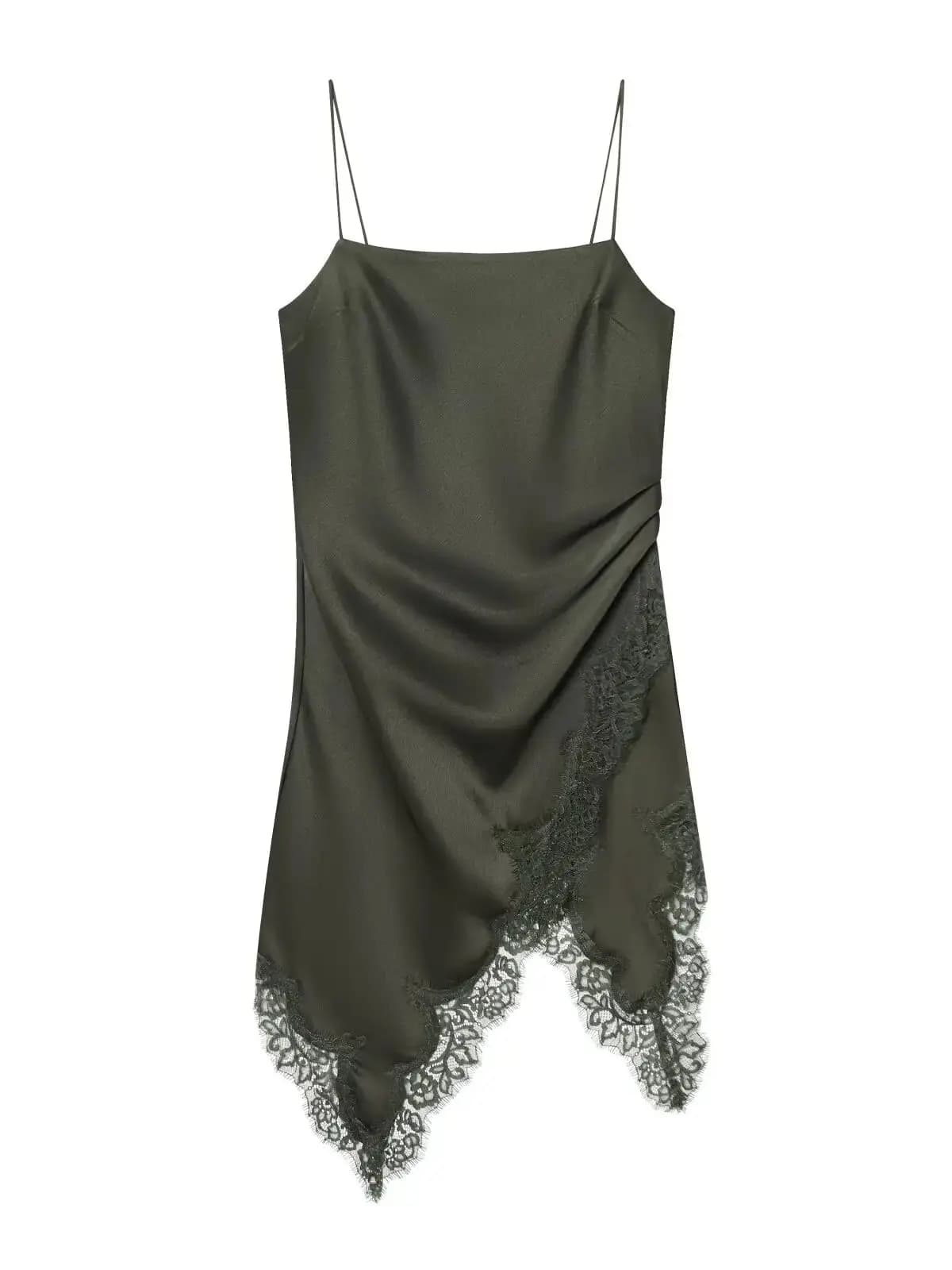 2026 Abito da donna europeo elegante verde scuro in raso di seta con canotta in pizzo e fionda Abito da sera vintage senza maniche da donna