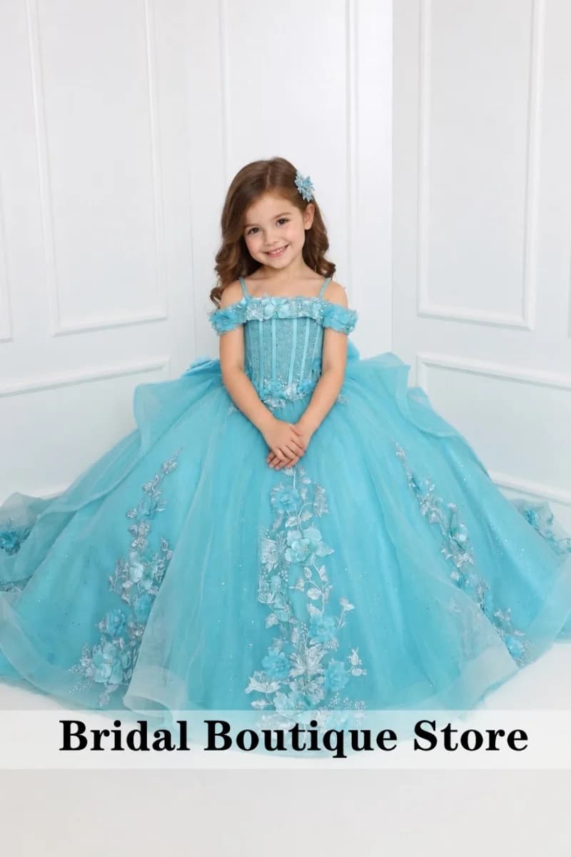 Abito da damigella d'onore blu personalizzato con applicazioni, lungo fino al pavimento, splendido abito da principessa per compleanno, Prima Comunione, concorso di bellezza