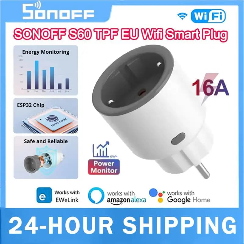 SONOFF IPlug S60TPF Wi-Fi Smart Plug con monitoraggio energetico Smart Home, casa intelligente, timer di controllo remoto, funziona con Ewelink Alexa Google