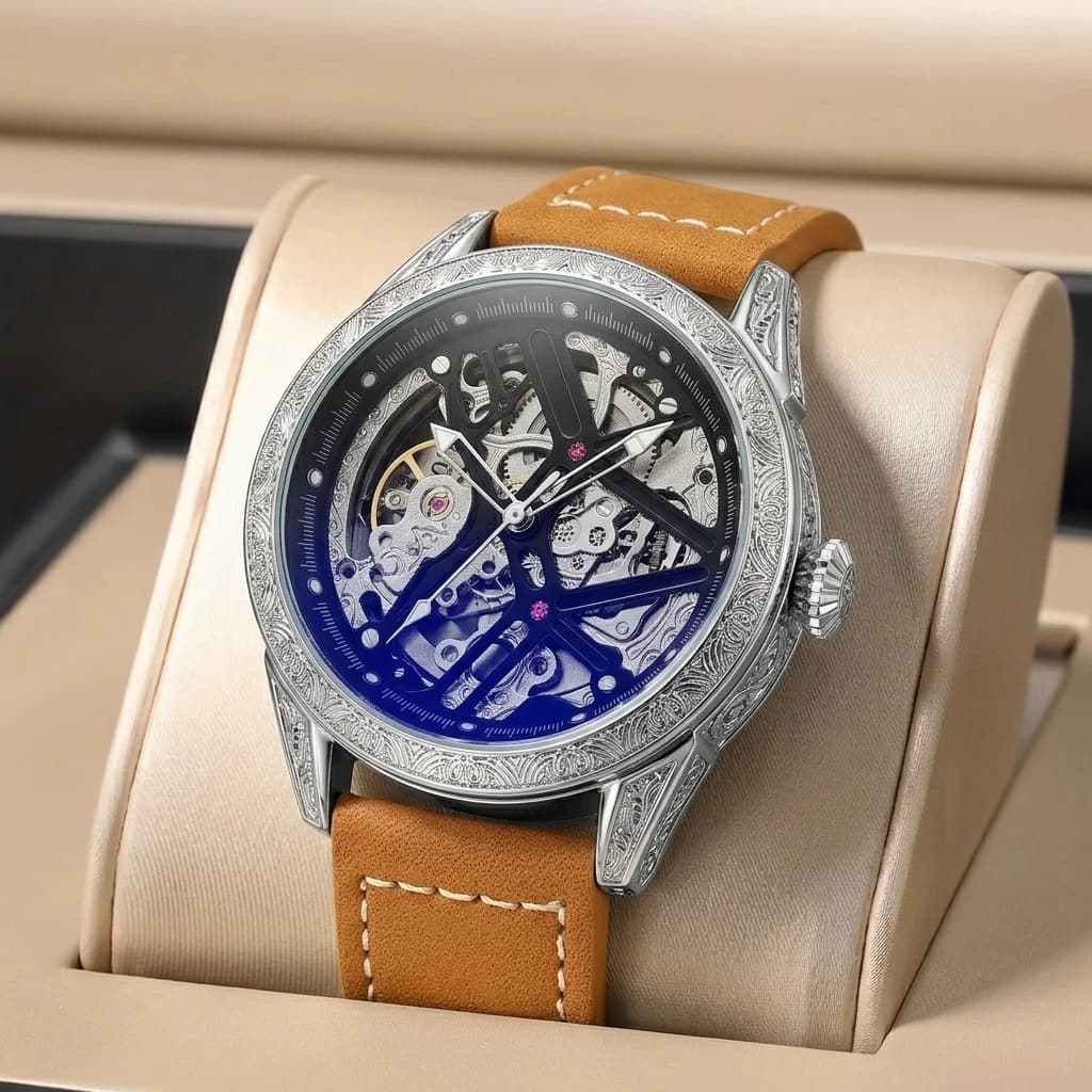 Orologio Meccanico da Uomo con Cinturino in Pelle Marrone, Quadrante Scheletrato Argento, Stile Vintage Steampunk, Lussuoso e Casual