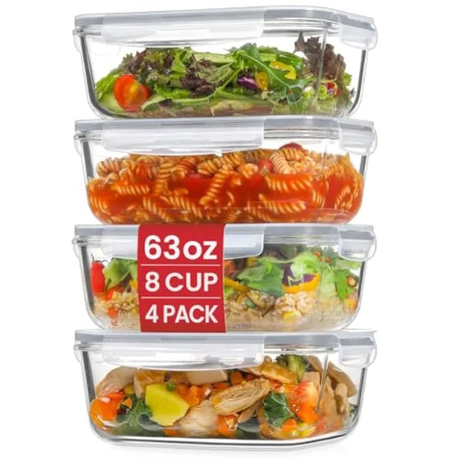 Set di 4 Contenitori in Vetro da 8 Tazze/63oz con Coperchi, Contenitori per Preparazione Pasti, Contenitori per Alimenti in Vetro con Coperchio Ermetico