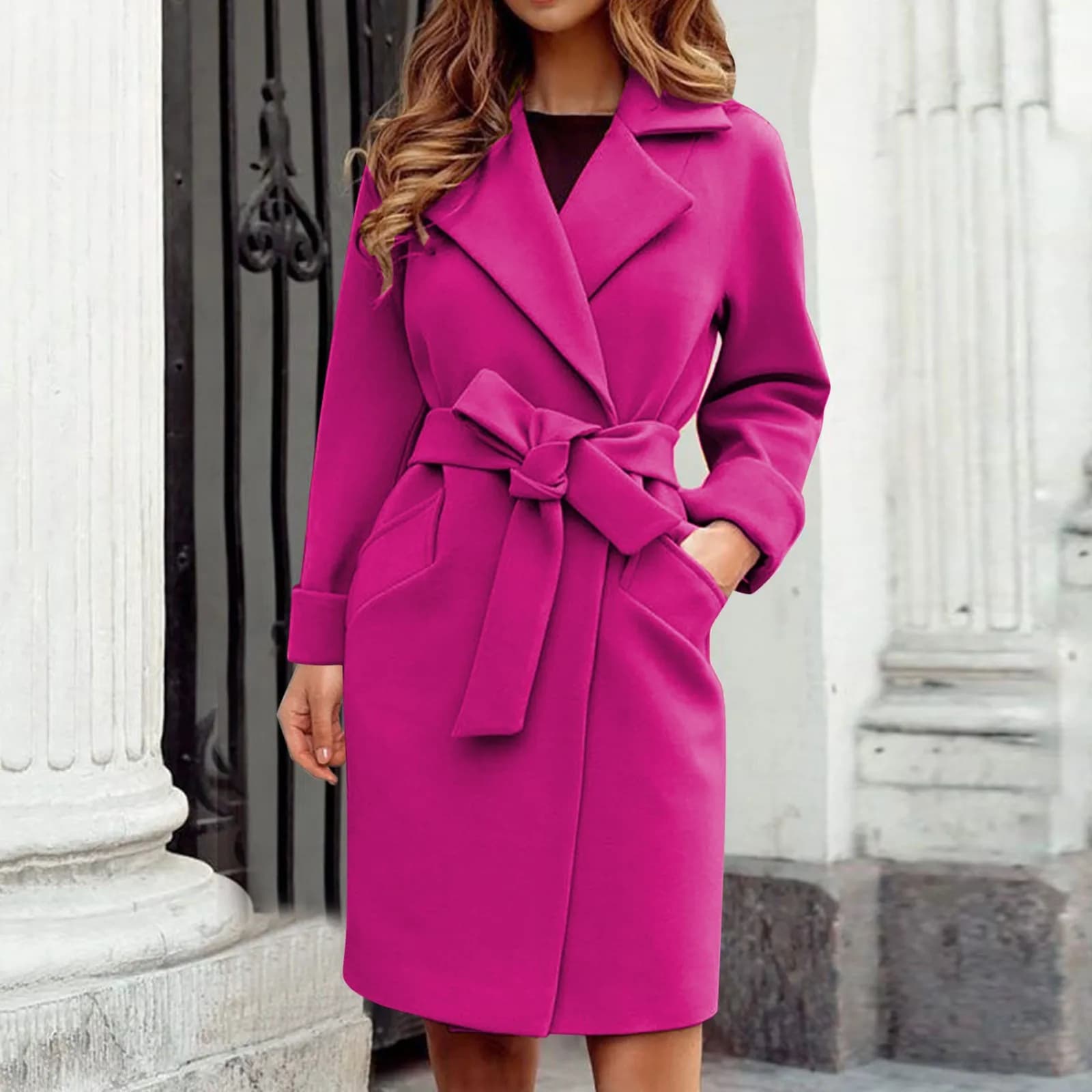 2025 Trench da donna rosa caldo Cappotto casual medio lungo Cappotto con risvolto aperto sul davanti Cardigan Capispalla Stivale di lana Giacche invernali per donna