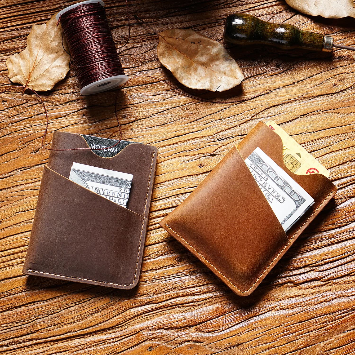 Original Handmade Vintage Men's Card Wallet in High Quality Leather, Compact and Random Clamps with coin pocket