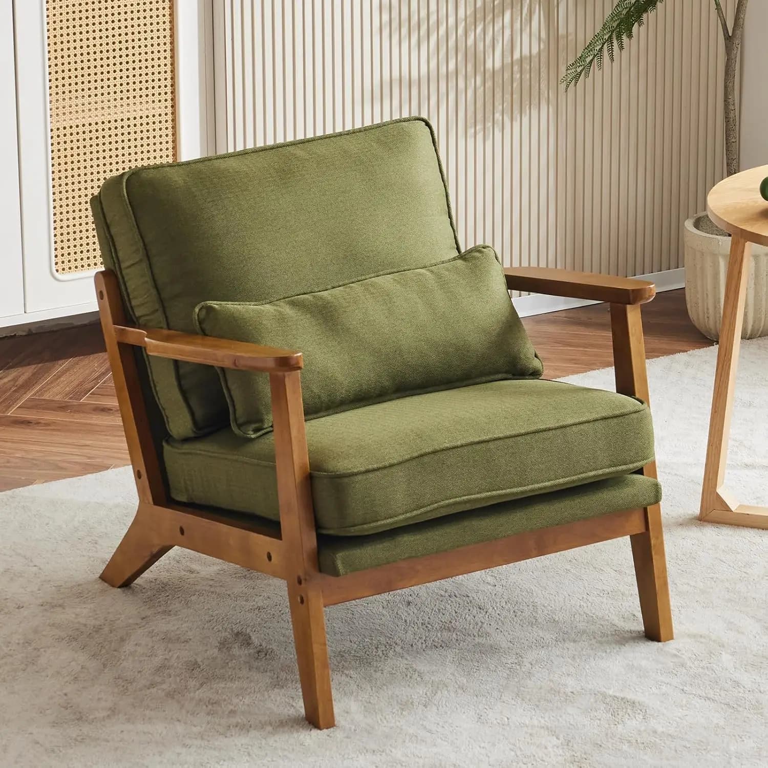 Poltrona Accent con Braccioli Larghi, Stile Mid-Century, in Tessuto di Lino con Cuscino Lombare e Struttura in Legno Massello, Personalizzabile