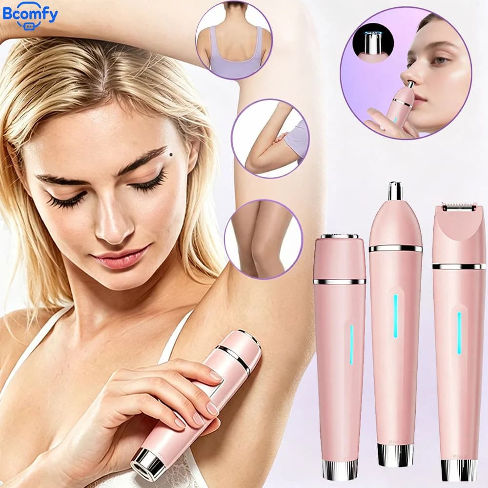3-in-1 Women Electric Hair Trimmer Painless Rechargeable Shaver for Nose Eyebrow Armpit Leg Ladies Full Body Hair Removal