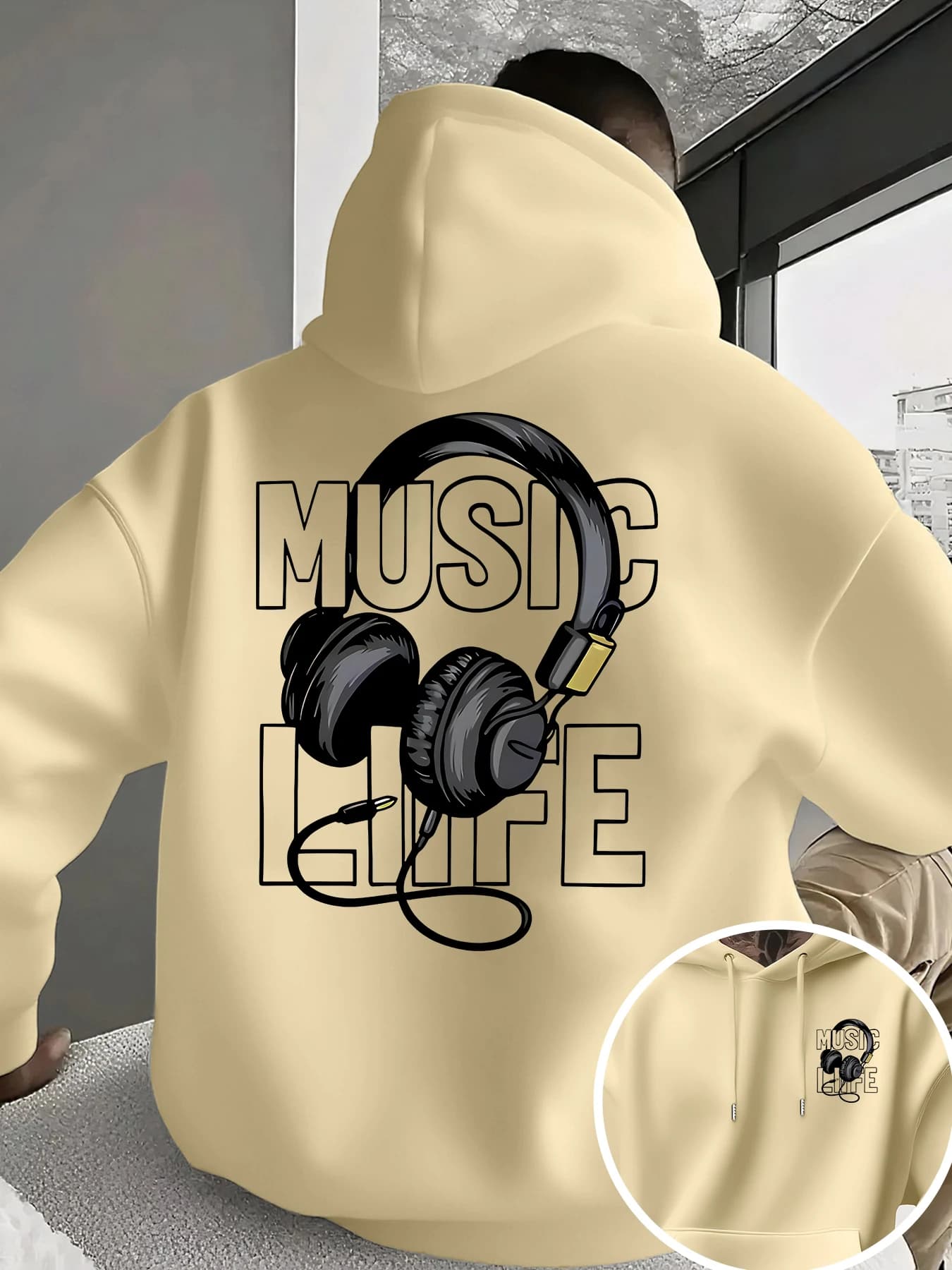 Men's Musical Theme Hoodie with Graphic Headphones, Casual Sweatshirt with Cangure Pocket, Vintage Unisex Style for Music Lovers