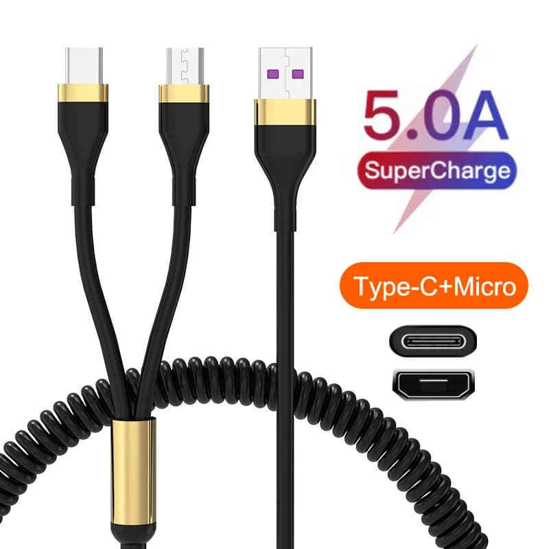 HA46 2 IN 1 5A ricarica rapida USB tipo C Micro Smartphone 2m cavo a molla per Xiaomi Huawei cellulare Redmi Realme Poco caricabatterie