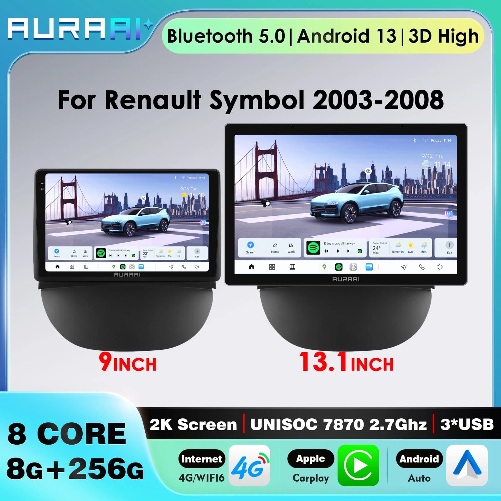 Autoradio UNISOC 7870 Android Multimedia GPS Navigazione per Renault Symbol 2003-2008 Carplay Autoradio 2DIN Stereo Schermo 2K OBD