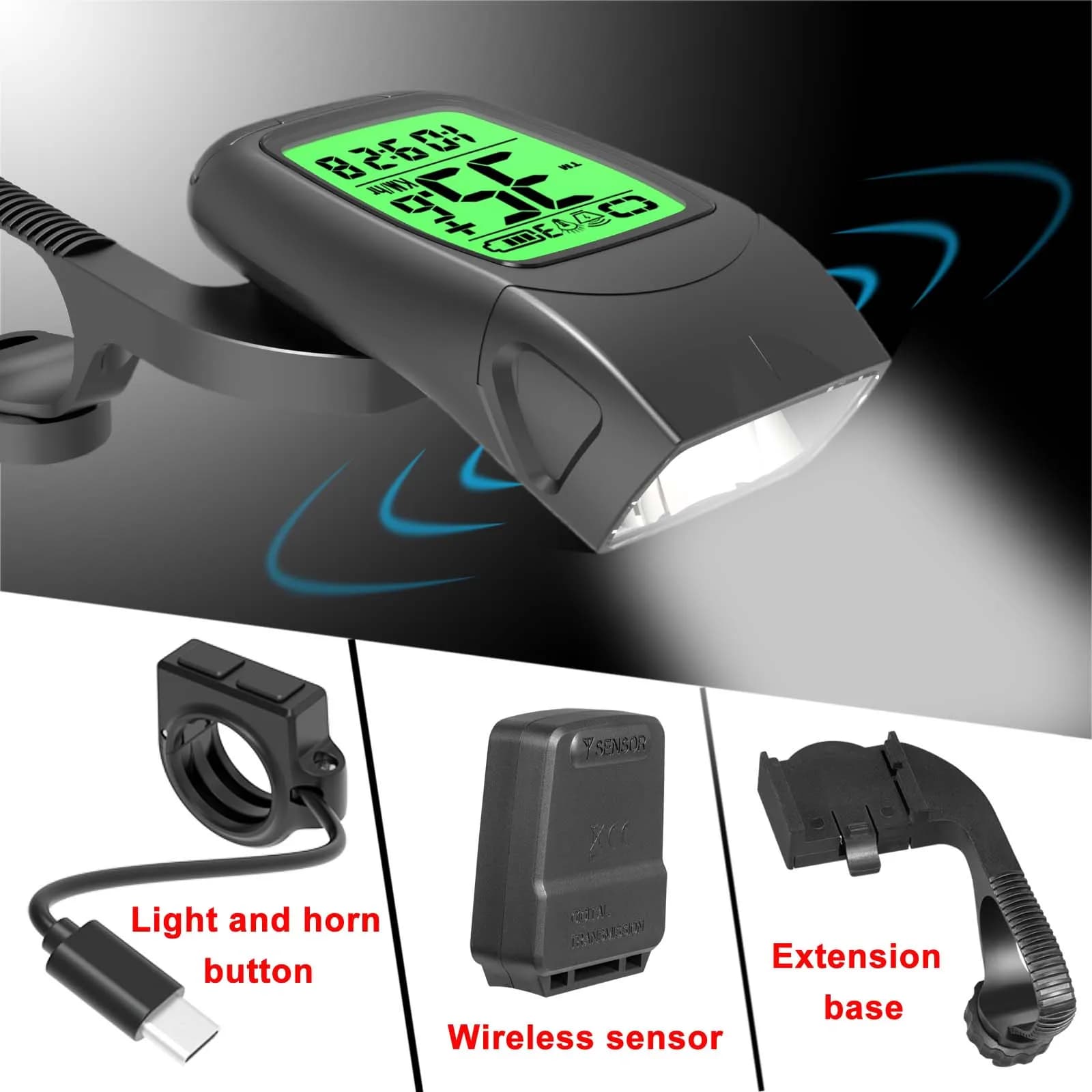 3 in1 bicicletta wireless computer luce anteriore combinazione di altoparlanti, luce LED, impermeabile, lampada per bici ricarica USB, accessori per bicicletta