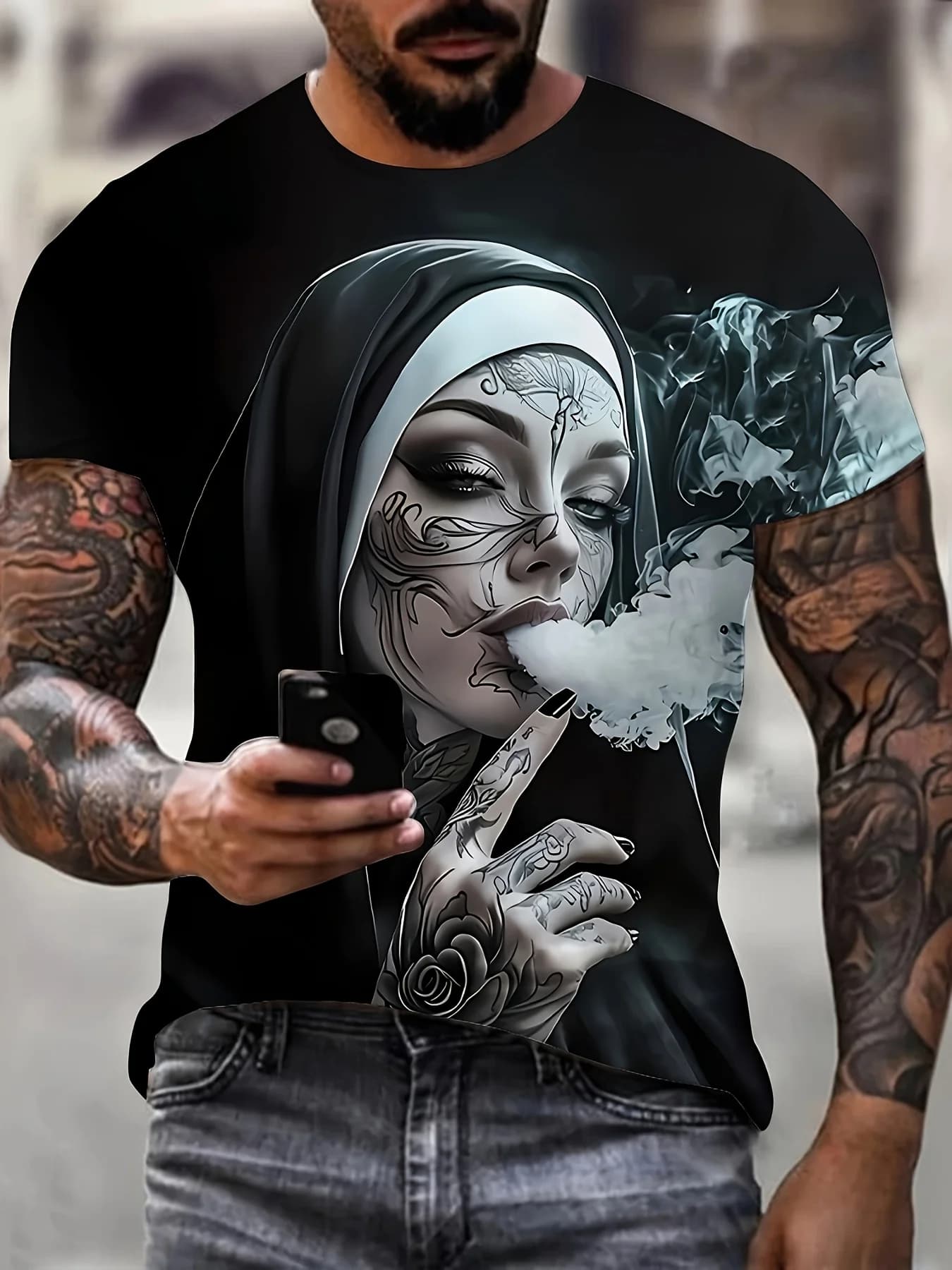 T-shirt grafica 3D da uomo - T-shirt estiva casual nera con design da suora fumante maniche corte in misto poliestere lavabile in lavatrice