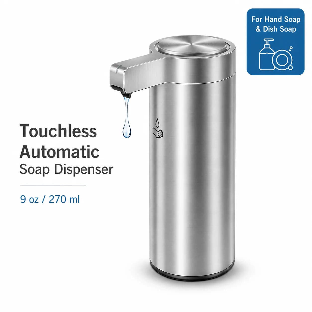 Dispenser automatico di sapone Dispenser di sapone liquido touchless in acciaio inossidabile da 9 oz/270 ml Dispenser di sapone liquido per mani e piatti per bagno