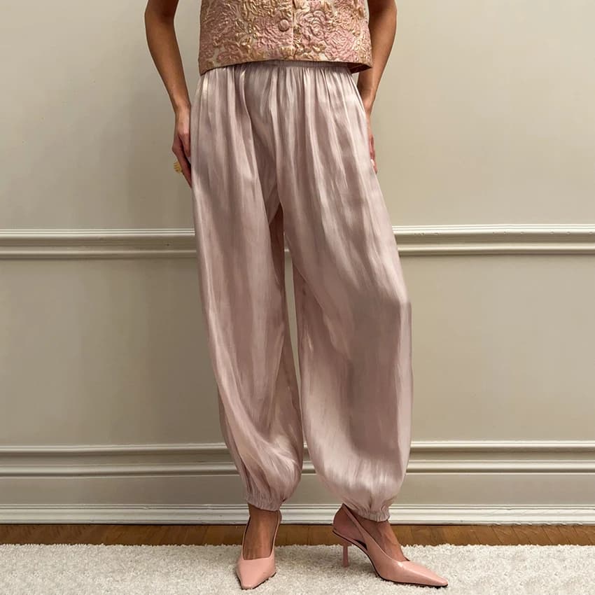 Linad eleganti pantaloni larghi in crepe rosa per donna pantaloni a pieghe chic da strada pantaloni lunghi a vita alta vintage autunnali femminili 2025