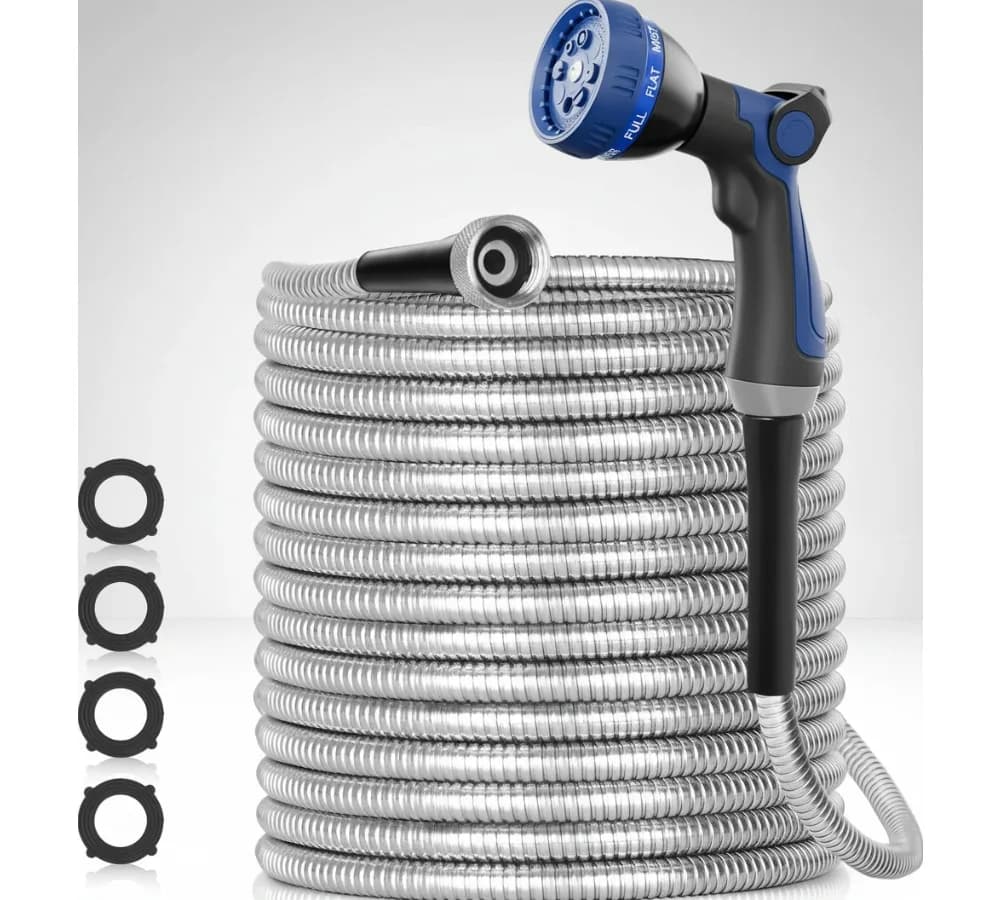 50 Foot Heavy Duty Garden Pipe Stainless Steel With Nozzle Never Hinge Outdoor Backyard