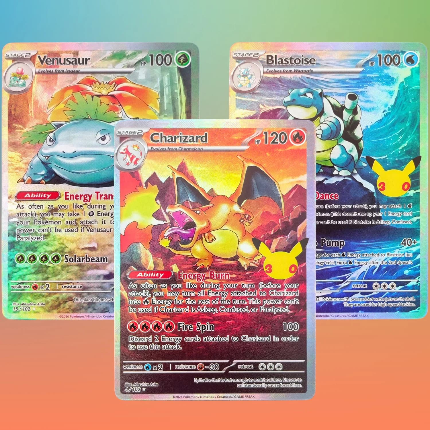 Self Made Version PTCG English 30th Anniversary Charizard Blastoise Venusaur Fan Art Game Collection DIY Card Toy