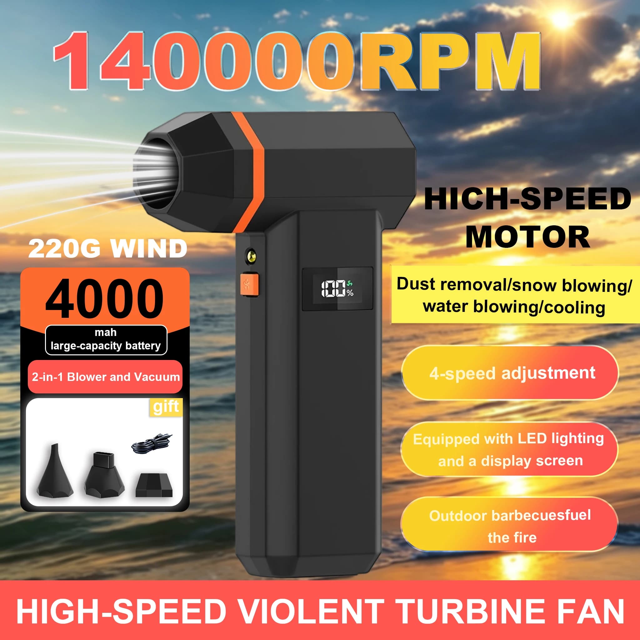 Powerful 140,000 RPM Cordless Air Blower & Vacuum – 220g Thrust, Rechargeable Dust Cleaner for Car Detailing, Keyboard & House – 4 Adjustable Speeds