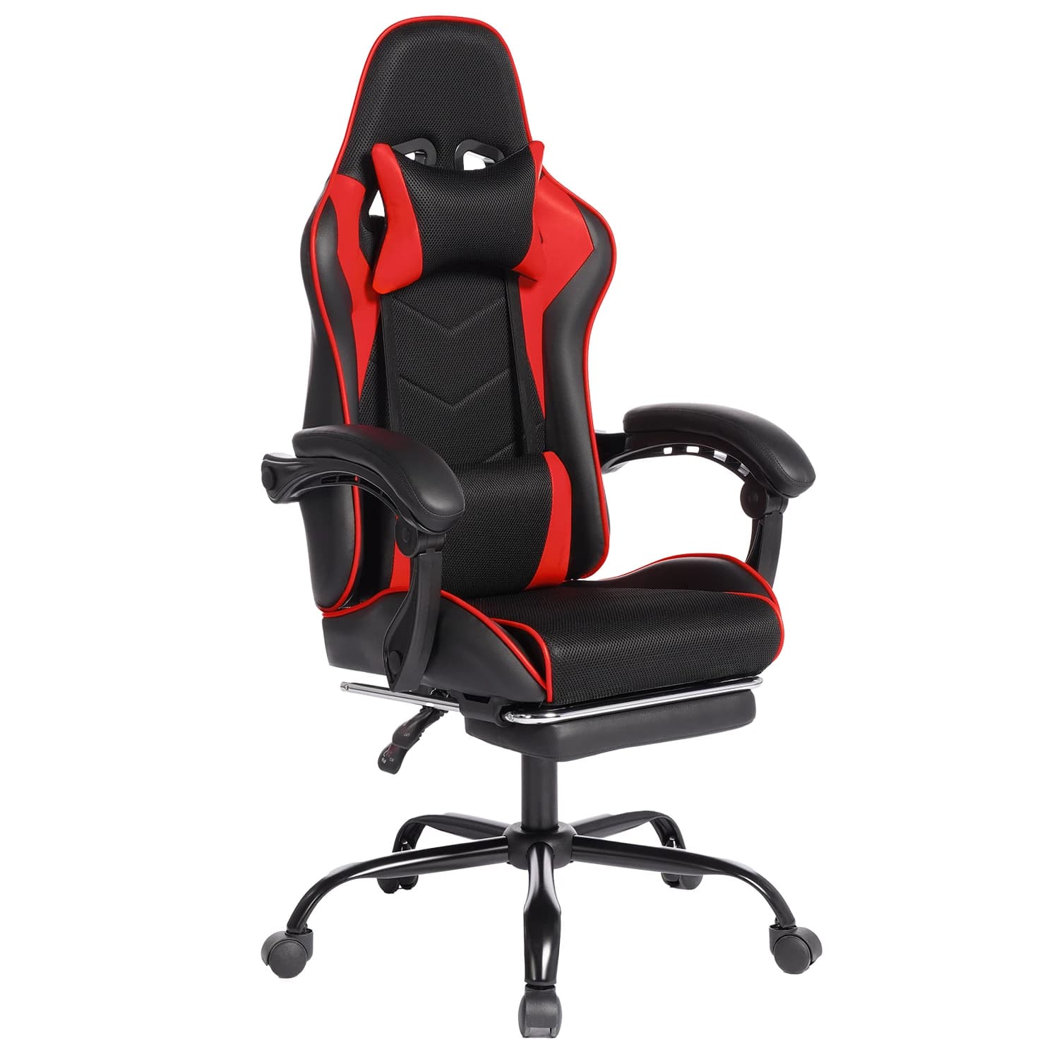 Sedia da gaming nera e rossa con poggiapiedi – Sedia da ufficio ergonomica, 135 ° Sedia reclinabile con supporto lombare e braccioli collegati per lavoro o svago (fino a 220 libbre)