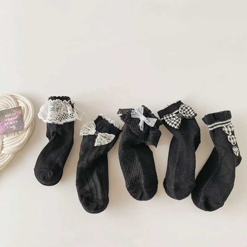 Black White Lace Princess Kids Socks Mesh Bow Children Calf Sock Soft Cotton Baby Footwear 5-8Y Girl Spring Autumn Mid Tube Sock