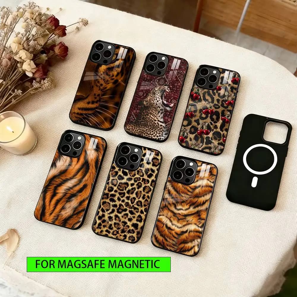 Cover per iPhone con stampa leopardata per iPhone 17, 16, 15, 14, 13, 12, 11 Plus, Pro, magnetica con ricarica wireless MagSafe