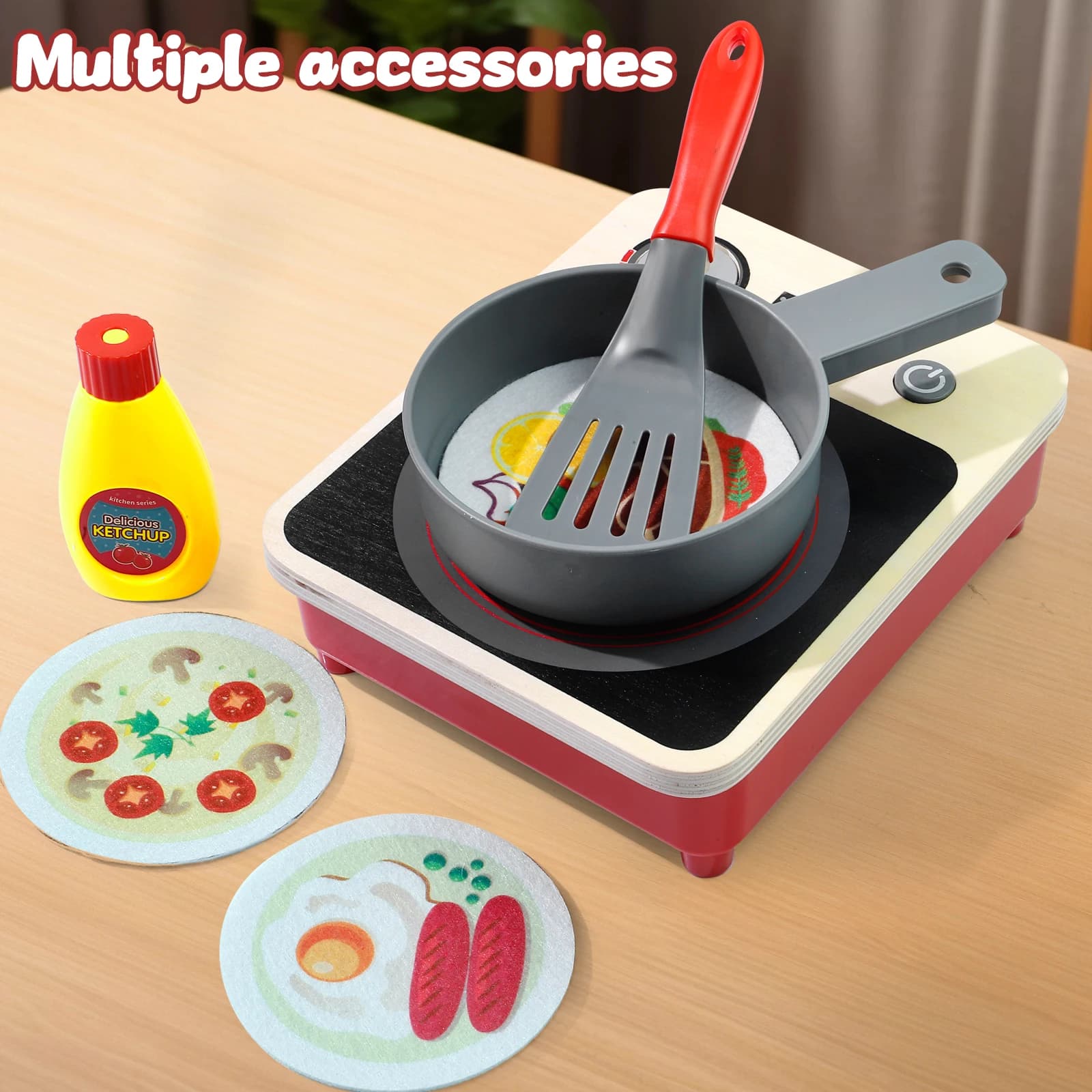 MQUDUO Pretend Play Kitchen Induction Cooker Toy with Frying Pan, Spatula, Sauce Bottle and Food Accessories, Birthday Gift