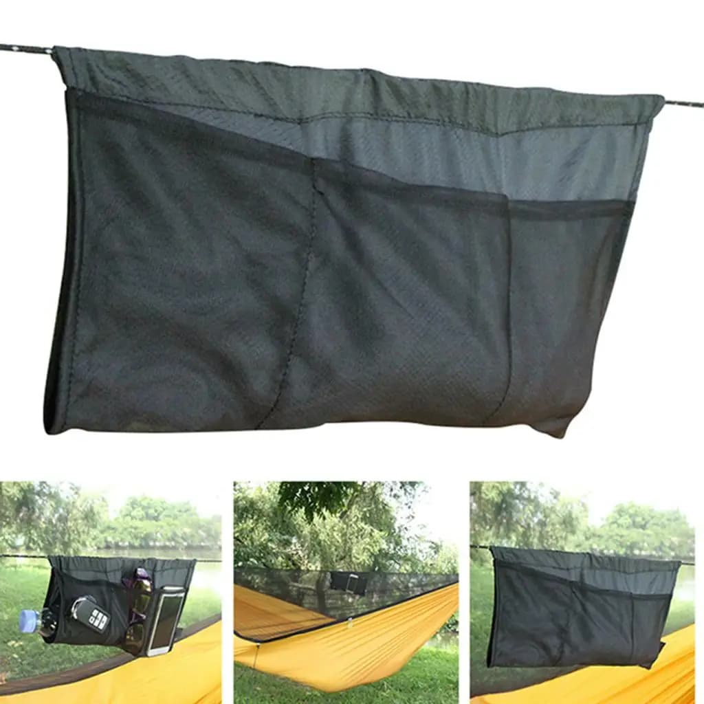 Suspended mesh bag with 7 pockets for outdoor hammock, bed for sleeping, swing, tool organizer, bag for storing accessories, black