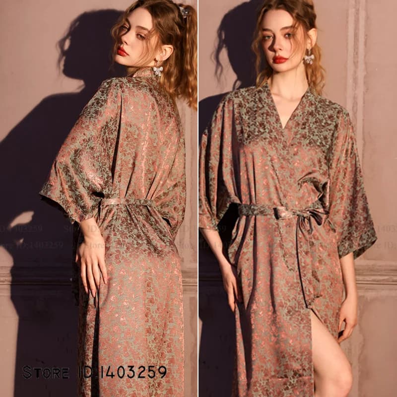 Vestaglia Jacquard da Donna, Kimono Lungo Sexy, Camicia da Notte Estiva Nuova, Lingerie, Abbigliamento da Notte in Seta Ghiaccio, Loungewear