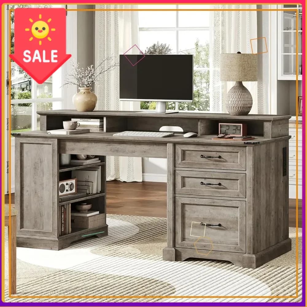 55''' rustic style executive desk with drawers, charging station and monitor support - Office and gaming computer desk