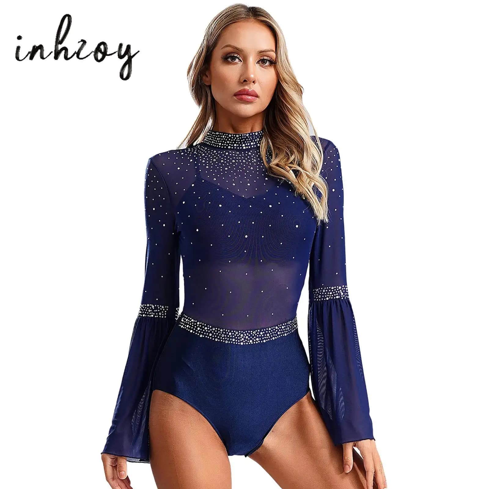 Costume da pattinaggio di figura con maniche svasate da donna, strass scintillanti, maglia trasparente, ginnastica ritmica, body da ballo, unitario, abbigliamento da ballo