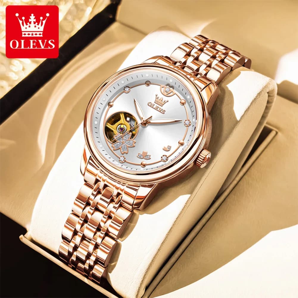 OLEVS 6732 Orologio da Polso Automatico di Lusso per Donna, Design Traforato Luminoso, Marca Top di Gamma