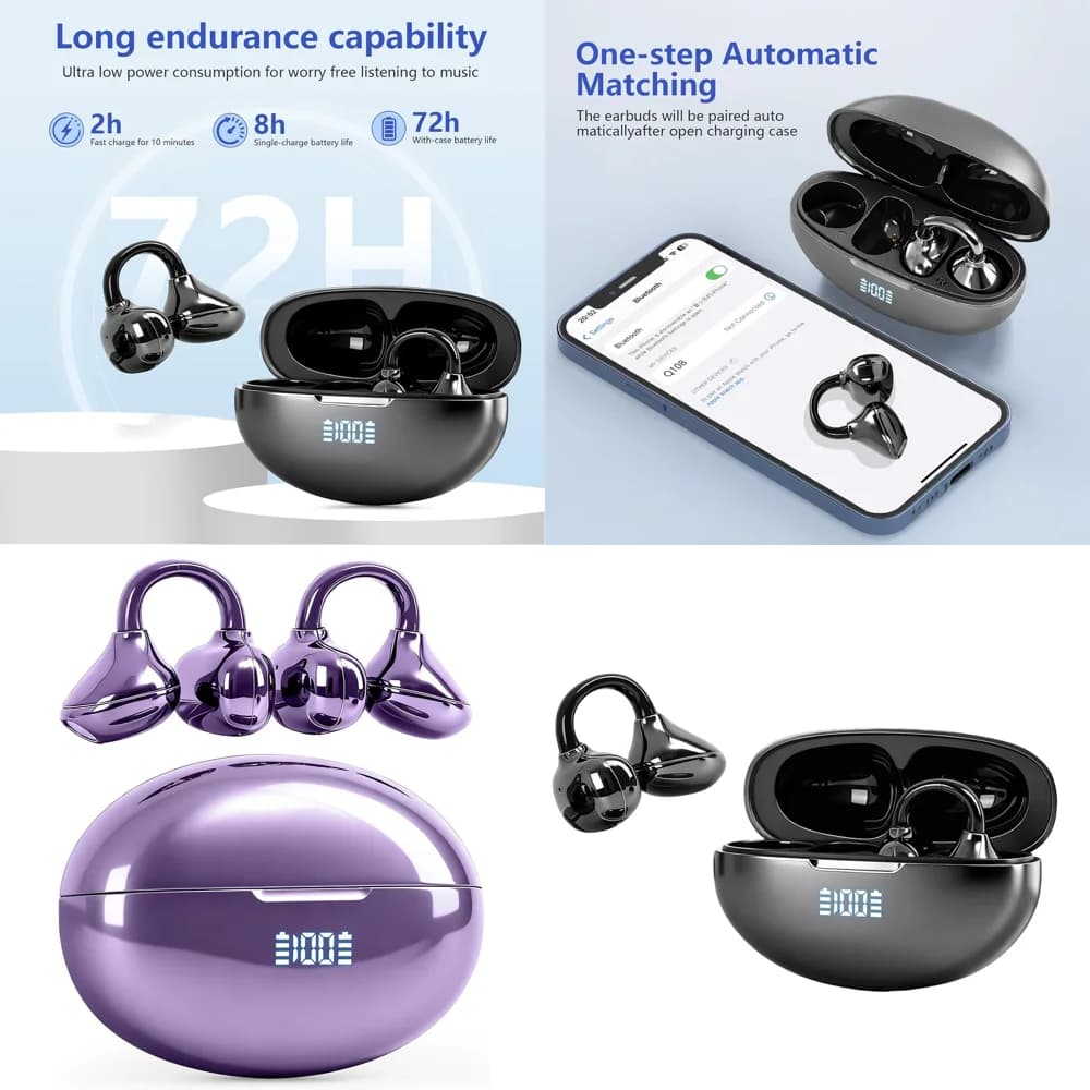 Auricolari Wireless BT 5.4 Comfort Fit, Nuovi Cuffie Stereo con Bassi Profondi, Display LED, Auricolari OWS Open Ear per Viaggi e Lavoro