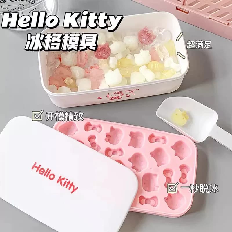 Stampo per cubetti di ghiaccio a forma di Hello Kitty per la cucina, con coperchio e paletta, accessori in silicone per alimenti.