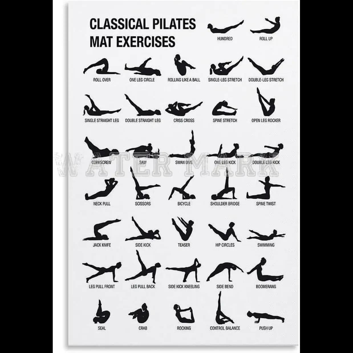 Poster con Grafico degli Esercizi Pilates, Arte Murale con Esercizi Classici su Tappetino per Pilates, Decorazione per Sala Yoga, Soggiorno, Camera da Letto, Senza Cornice