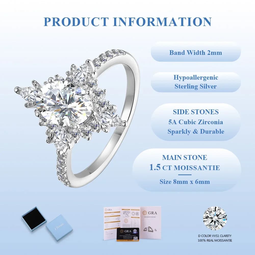 CLYSSIA Anello con Moissanite Taglio Ovale 2CT D VVS1, 100% Argento Sterling 925 con Certificato GRA, Gioielli Raffinati per Matrimonio e Fidanzamento Donna
