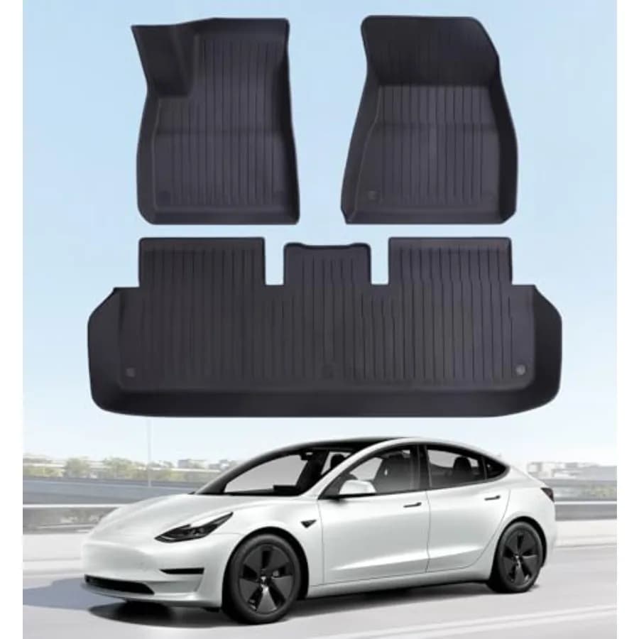 Tappetini per Tesla Model 3 2023-2018 - Tappetini Auto Personalizzati in TPE per Tutte le Stagioni, Set da 3 Pezzi, Neri, Premium, Antiscivolo