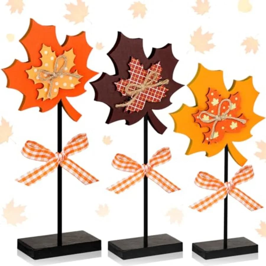 3 Pezzi Grande Autunno Maple Leave Cartello da Tavolo in Legno Maple Leave Alto Blocco di Legno in Piedi Autunno Cartello da Tavolo per Autunno Grazie