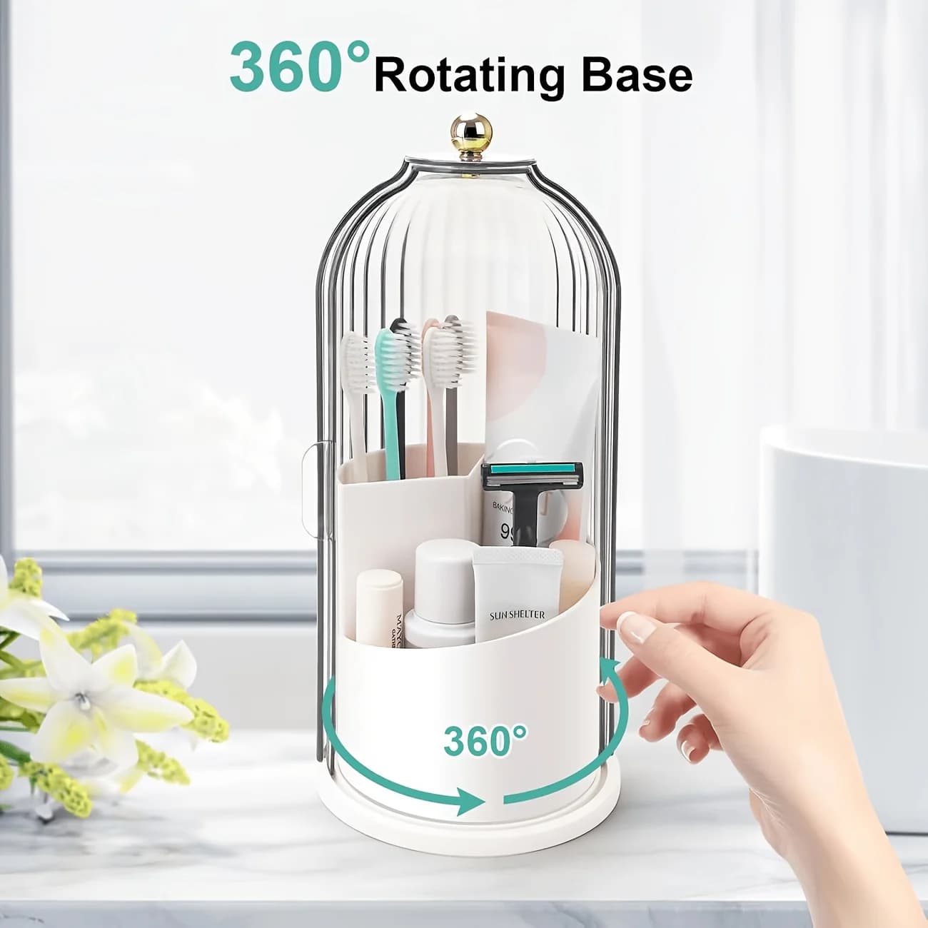 3-Slot Countertop Toothpaste & Electric Toothbrush Organizer Rotatable Design With Sliding Dust Cover Bathroom Storage Holder
