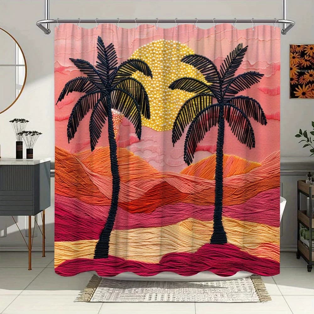Tenda da doccia nel deserto al tramonto cucita a mano - Palme e sole dorato, arte del paesaggio sereno, arredamento da bagno caldo e invito