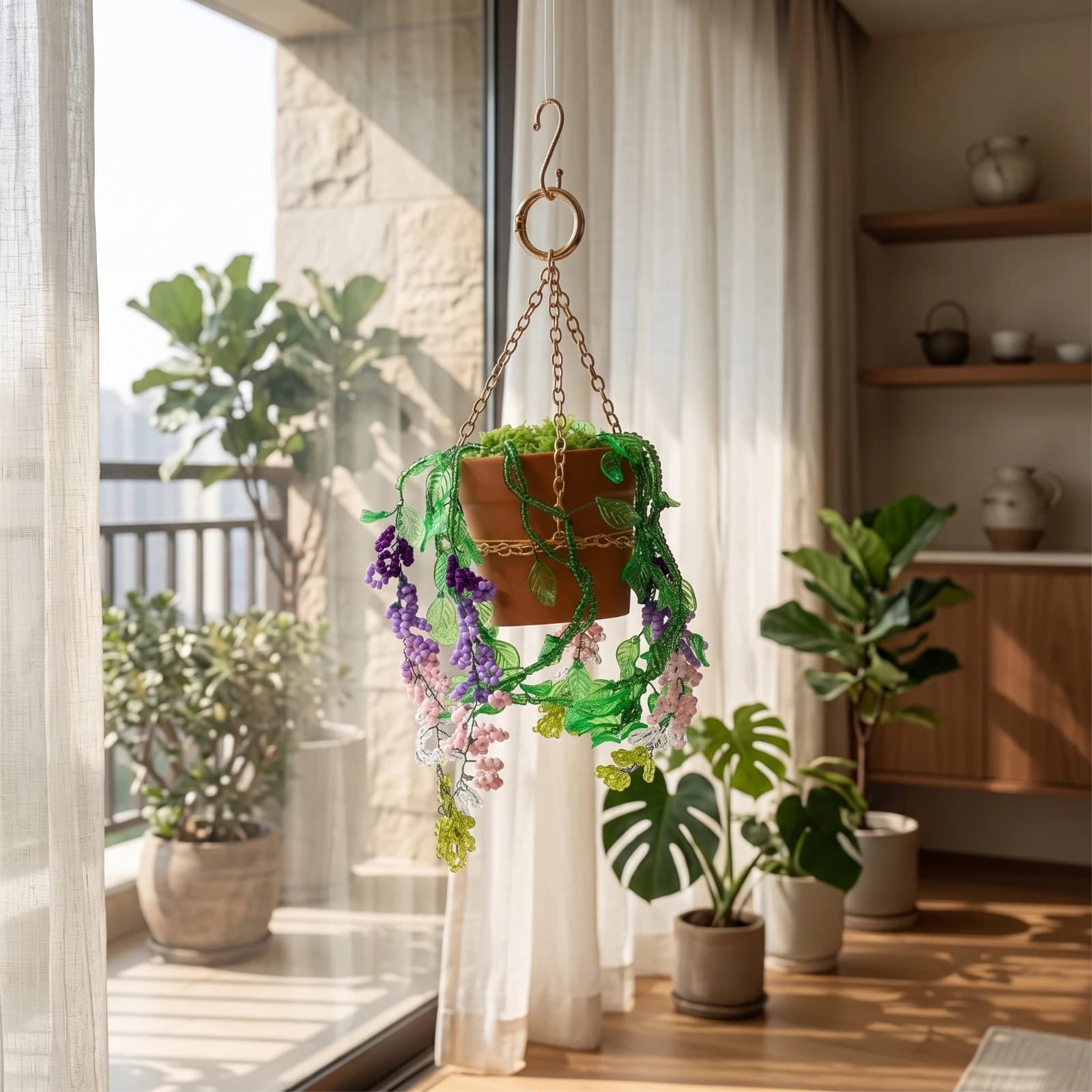 Hanging Plant Pot Ornament Boho Hanging Planter Ornament with Beads Disco Ball Planter with Chain Lightweight Long-Lasting