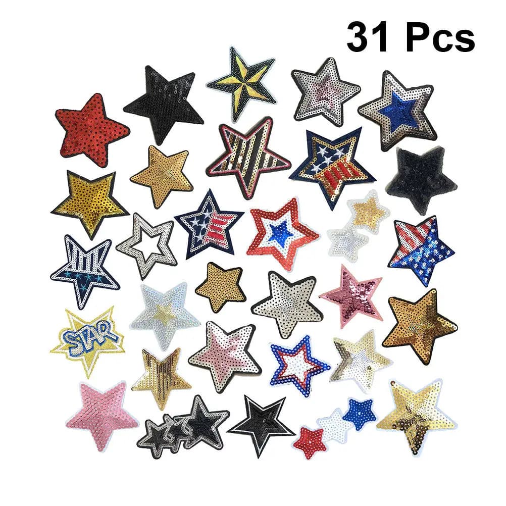 31 Pezzi Patch Ricamate con Paillettes a Forma di Pentagramma, Adesivi in Tessuto Cartoon, Stelle Sicure e Durevoli Autoadesive per Vestiti, Gonne, Jeans, Cappelli, Scarpe, Borse