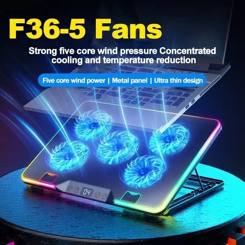 F36 Supporto per supporto di raffreddamento raffreddato ad aria per notebook con 5 ventole Staffa per laptop da gioco regolabile multi-angolo da 11-17,3 '' con 2 schermi LED USB