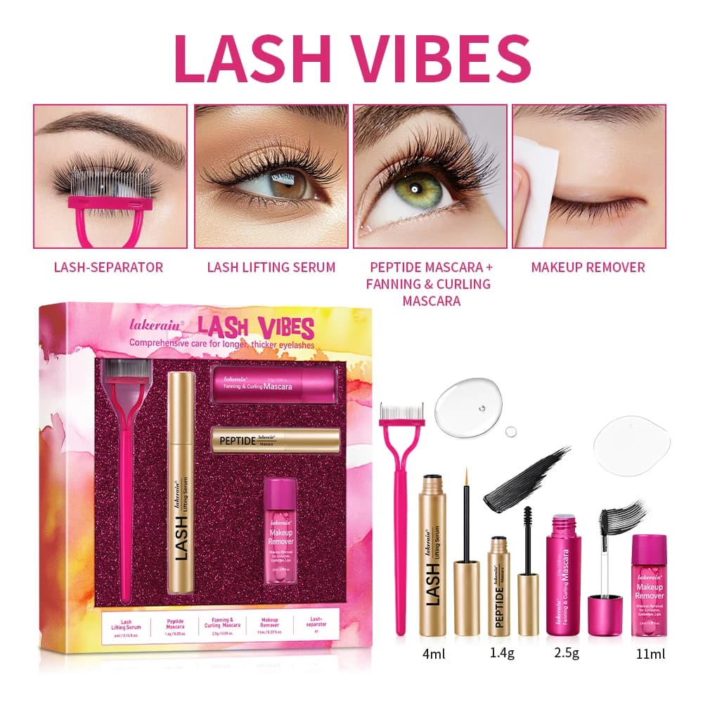 The Deluxe eyelash kit includes eyelash serum, peptidic nutrient mascara, curling mascara, eyelash comb and ostrich for eyes and lips