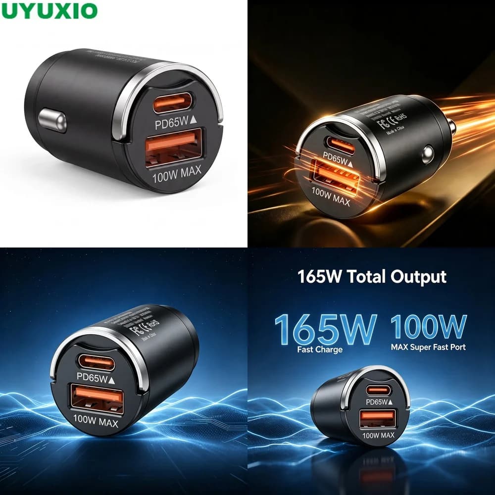 165W Dual Output Car Charger Zinc Alloy Body with Safe Charging PD 65W Type C and 100W USB A Power for Cars Trucks SUVs and Vans
