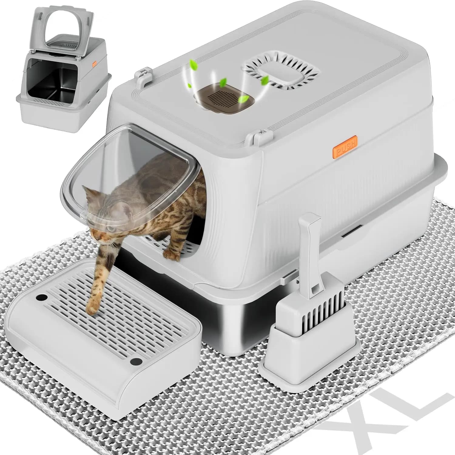 Lettiera per gatti chiusa XL in acciaio inossidabile con coperchio, paletta e tappetino rimovibili, non appiccicosa, senza odori, facile da pulire per gatti grandi