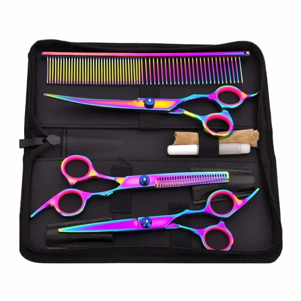Forbici professionali per animali domestici da 7 pollici, pettine per toelettatura per cani, per toelettatura dei capelli, strumento per taglio di capelli per cani e gatti in acciaio inossidabile, 4 set di cravatte