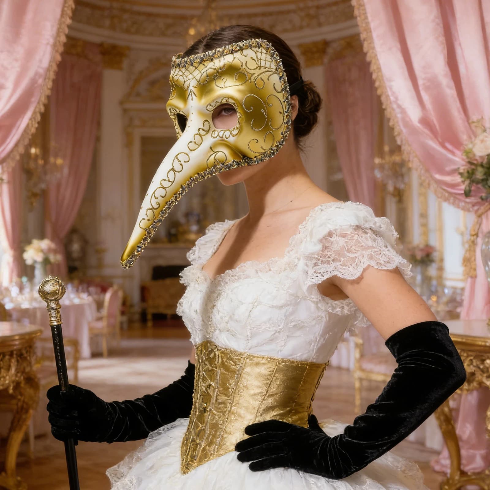 Maschera Veneziana a Naso Lungo, Lussuosa Maschera Decorativa Oro e Bianco per Feste in Maschera, Accessorio per Costume di Halloween