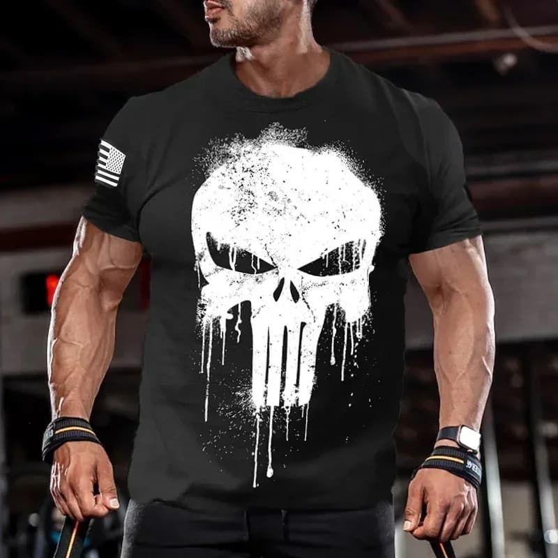 Men's T-shirt with 3D Printing Patriotic Military Skull, Oversize to Sleeves Court, Men's Sportswear, Top T-shirts