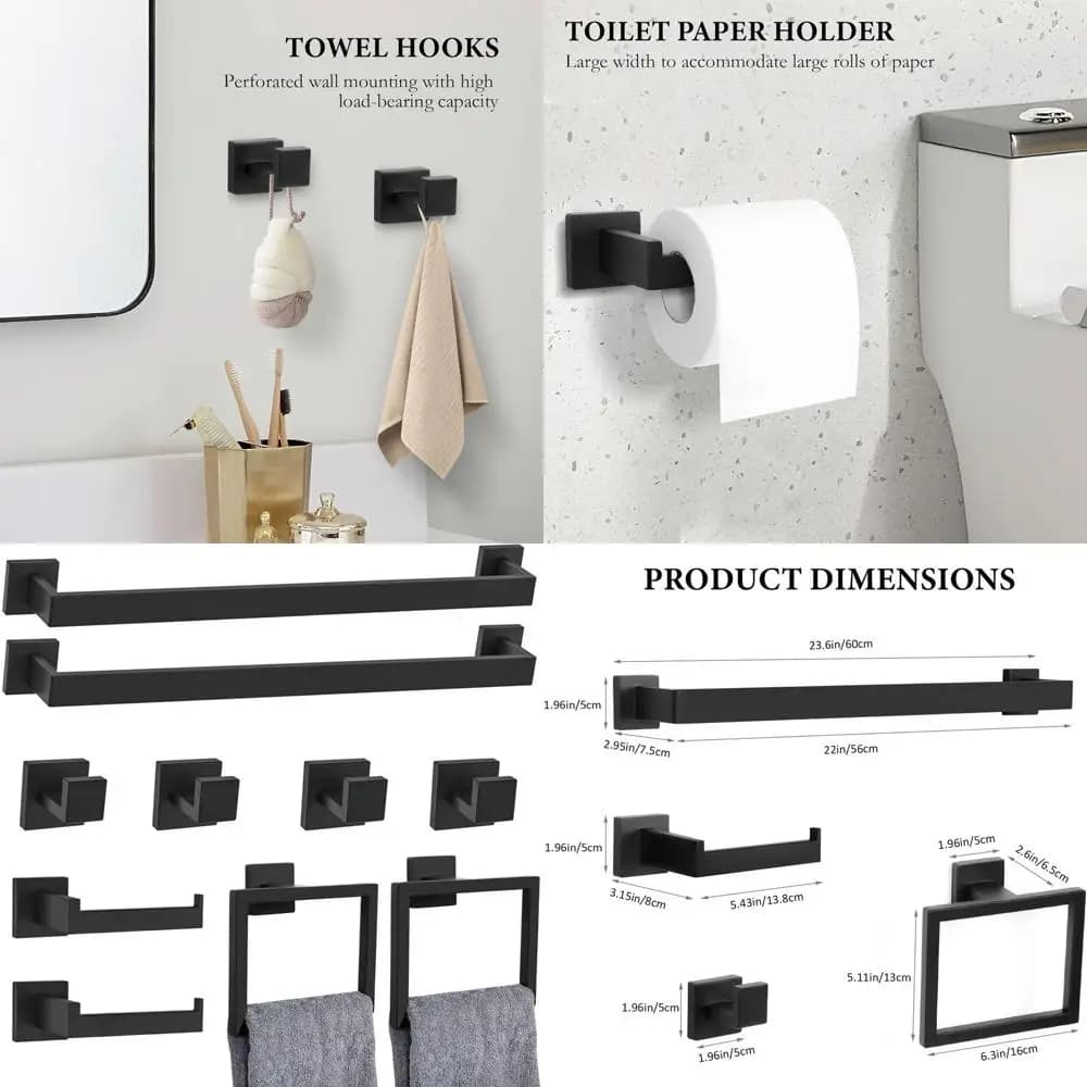 Set Completo di 10 Accessori Bagno Nero Opaco: Portasciugamani, Anello, Portaoggetti, Ganci da 23,6 Pollici
